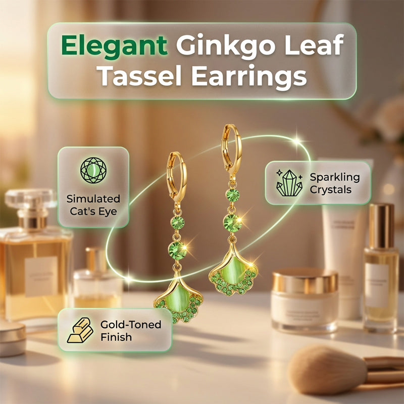 🍃 LIMITED-TIME 50% OFF! 💥 Elegant Ginkgo Leaf Tassel Earrings – Green Stone, Lightweight, Nature-Inspired ✨