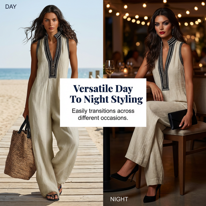 👗 LIMITED-TIME 50% OFF! ✨ Women's Sleeveless V-Neck Wide-Leg Jumpsuit – Ethnic Embroidery, Cotton-Linen, Versatile 🌸