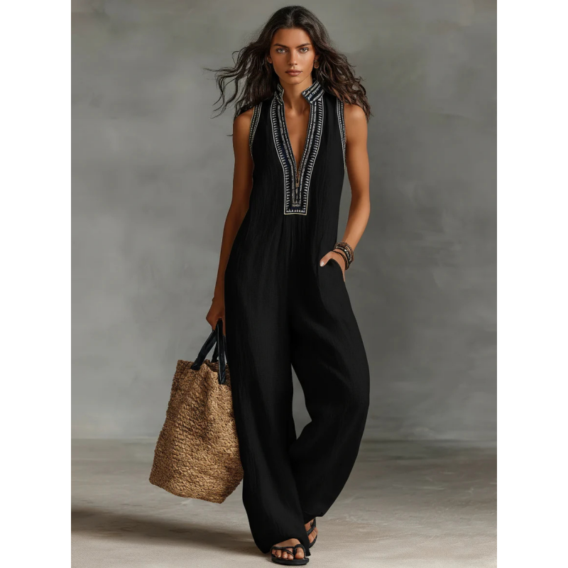 👗 LIMITED-TIME 50% OFF! ✨ Women's Sleeveless V-Neck Wide-Leg Jumpsuit – Ethnic Embroidery, Cotton-Linen, Versatile 🌸
