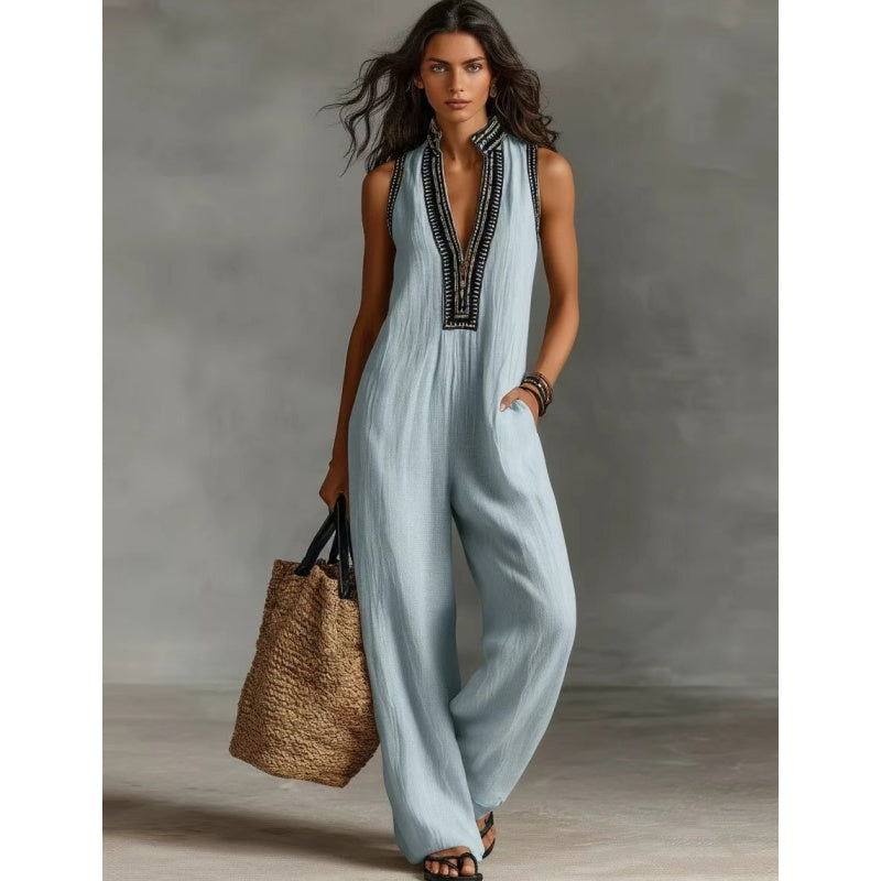 👗 LIMITED-TIME 50% OFF! ✨ Women's Sleeveless V-Neck Wide-Leg Jumpsuit – Ethnic Embroidery, Cotton-Linen, Versatile 🌸