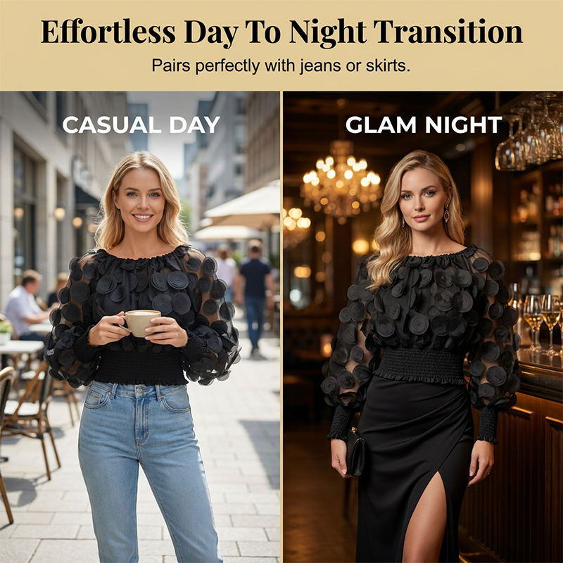 🎁New Arrival 50% OFF💥Off-Shoulder Fitted Top – 3D Floral Appliqués, Smocked Waist, Balloon Sleeves 🌸