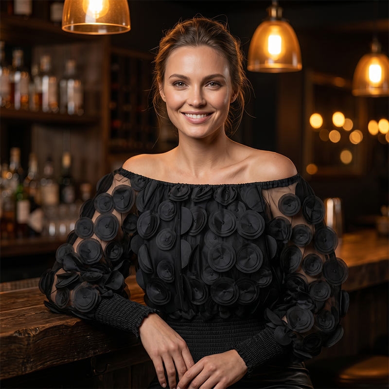 🎁New Arrival 50% OFF💥Off-Shoulder Fitted Top – 3D Floral Appliqués, Smocked Waist, Balloon Sleeves 🌸
