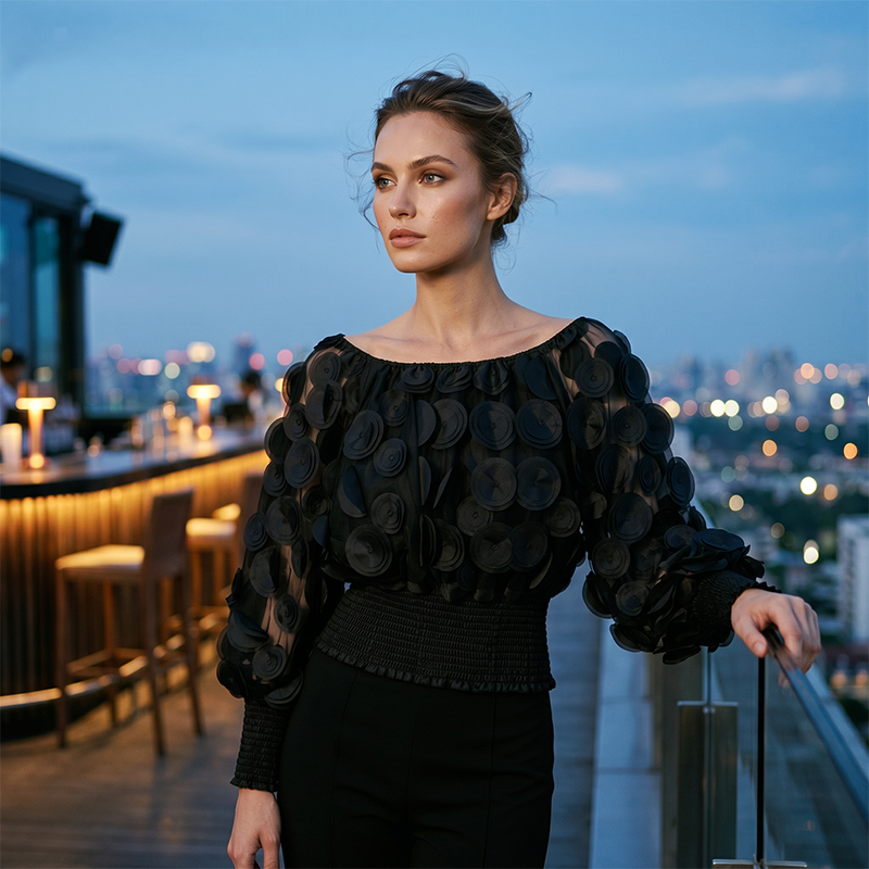 🎁New Arrival 50% OFF💥Off-Shoulder Fitted Top – 3D Floral Appliqués, Smocked Waist, Balloon Sleeves 🌸