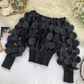 🎁New Arrival 50% OFF💥Off-Shoulder Fitted Top – 3D Floral Appliqués, Smocked Waist, Balloon Sleeves 🌸