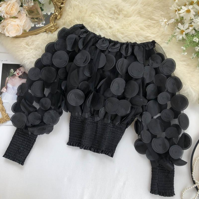 🎁New Arrival 50% OFF💥Off-Shoulder Fitted Top – 3D Floral Appliqués, Smocked Waist, Balloon Sleeves 🌸