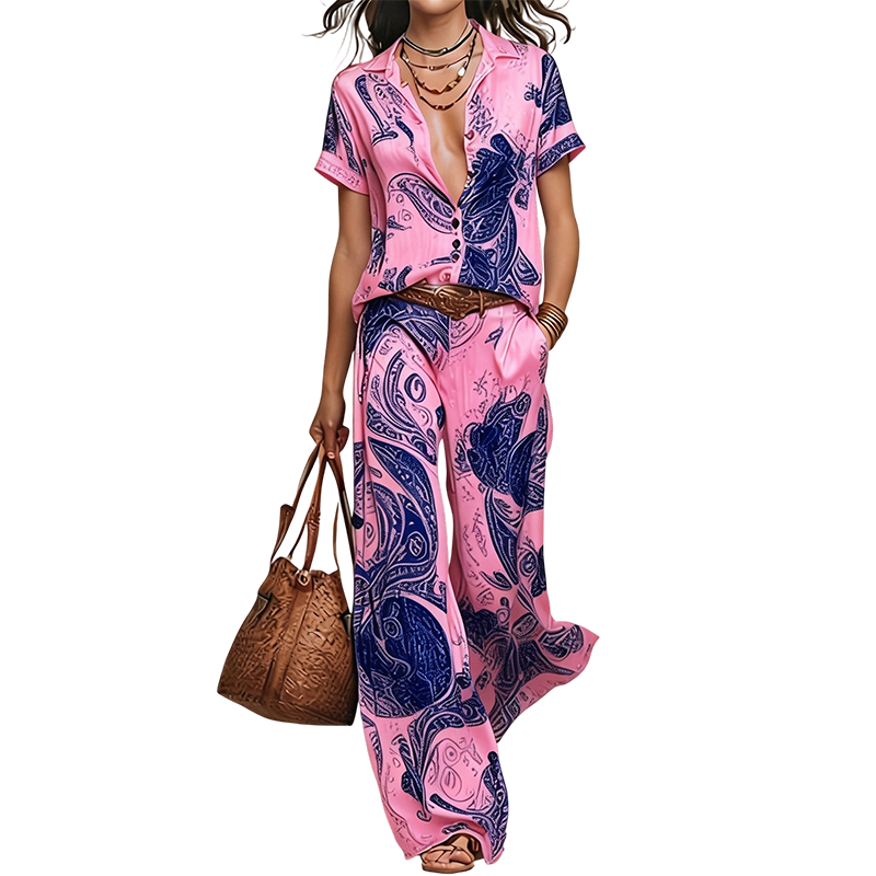 👗50% OFF!✨Women's Casual Short Sleeve Top & Pants Set – Vibrant Print, Side Pockets, Soft Fabric 🌿