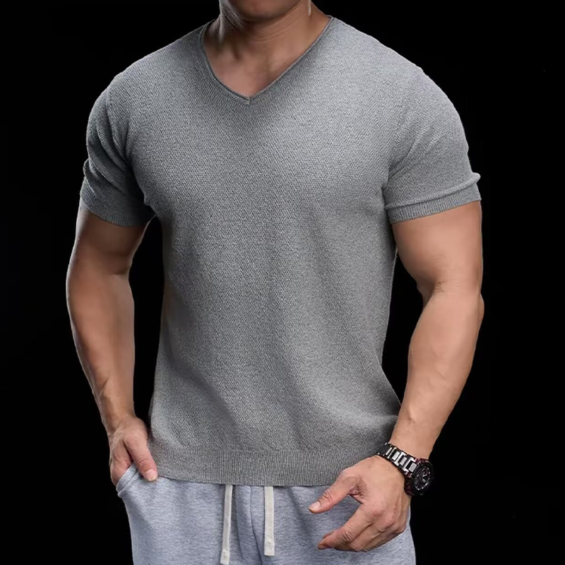 👕 LIMITED-TIME 50% OFF! ✨ Breathable V-Neck Knit Tee – Textured Finish, Athletic Fit, Gym to Street 🏋️