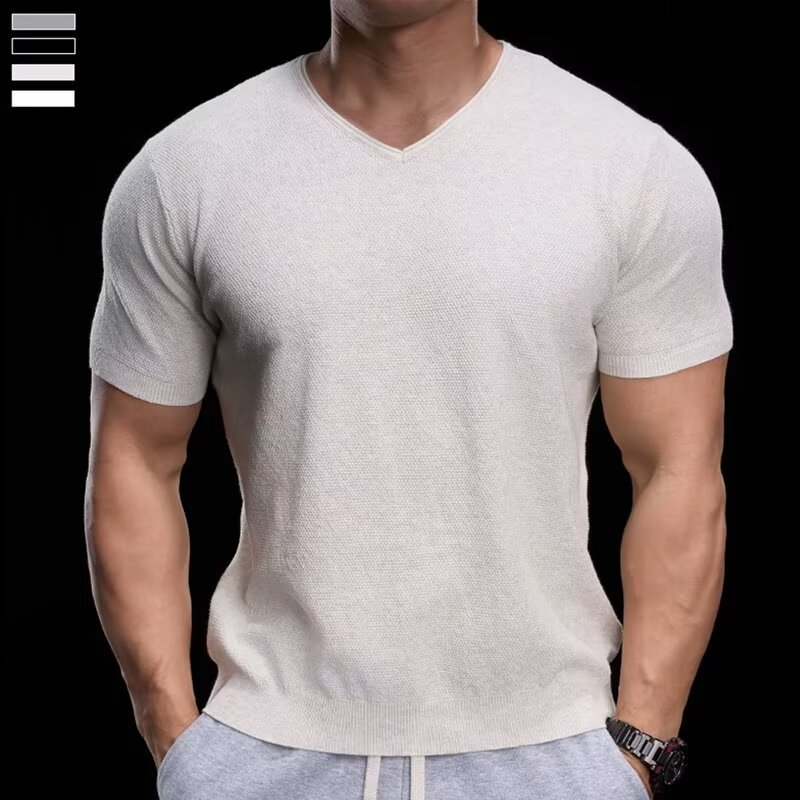 👕 LIMITED-TIME 50% OFF! ✨ Breathable V-Neck Knit Tee – Textured Finish, Athletic Fit, Gym to Street 🏋️