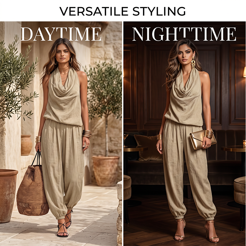 👗 50% OFF NOW! ✨ CHIC DRAPED HALTER NECK JUMPSUIT – Breathable wide-leg, elegant drape & day-to-night versatility – Effortless style for any occasion 🌙