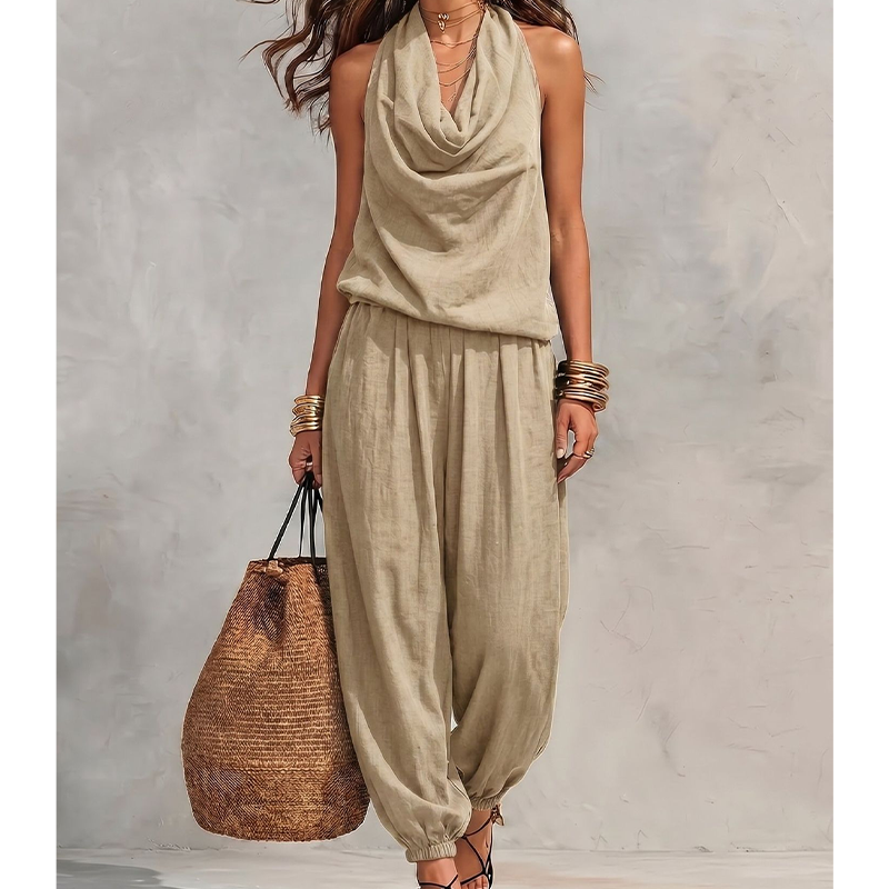 👗 50% OFF NOW! ✨ CHIC DRAPED HALTER NECK JUMPSUIT – Breathable wide-leg, elegant drape & day-to-night versatility – Effortless style for any occasion 🌙