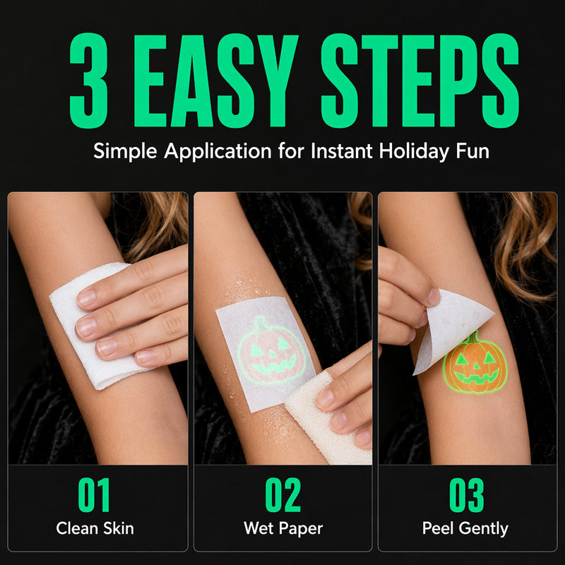 📢📢50% OFF !! ⏰ Light Up Your Halloween Look! Glow-in-the-Dark Temporary Tattoos | Waterproof & Fun Party Accessories