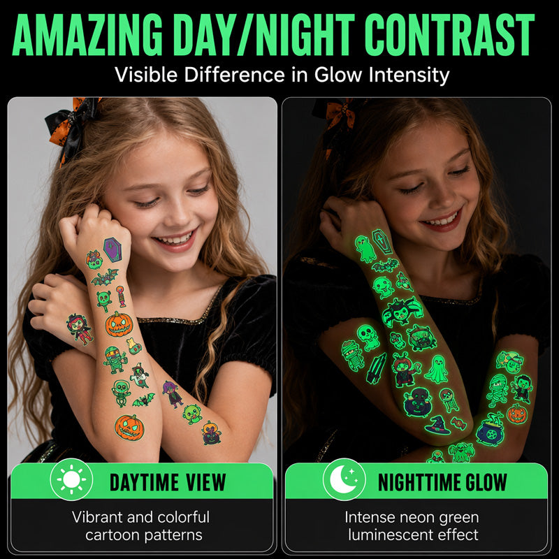 📢📢50% OFF !! ⏰ Light Up Your Halloween Look! Glow-in-the-Dark Temporary Tattoos | Waterproof & Fun Party Accessories