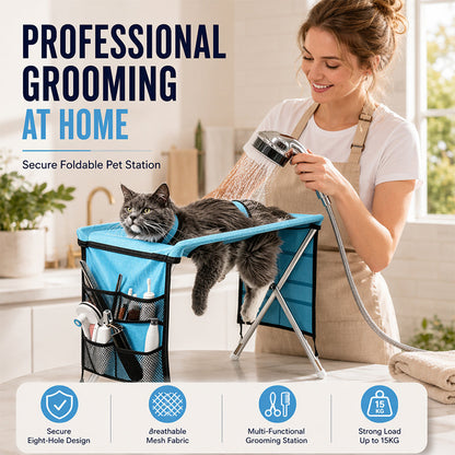 🐾50% OFF NOW ! ✂️2-in-1 Foldable Pet Grooming Bed – Breathable Mesh Cat & Dog Bathing Station with Storage Pockets, Home Pet Grooming Table