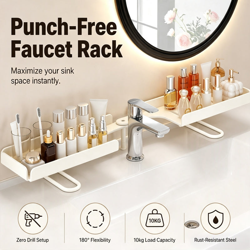 Steel Folding Storage Rack—A storage rack that requires no drilling and can be mounted above a faucet, featuring adjustable brackets for smooth drainage and easy cleaning with a damp cloth