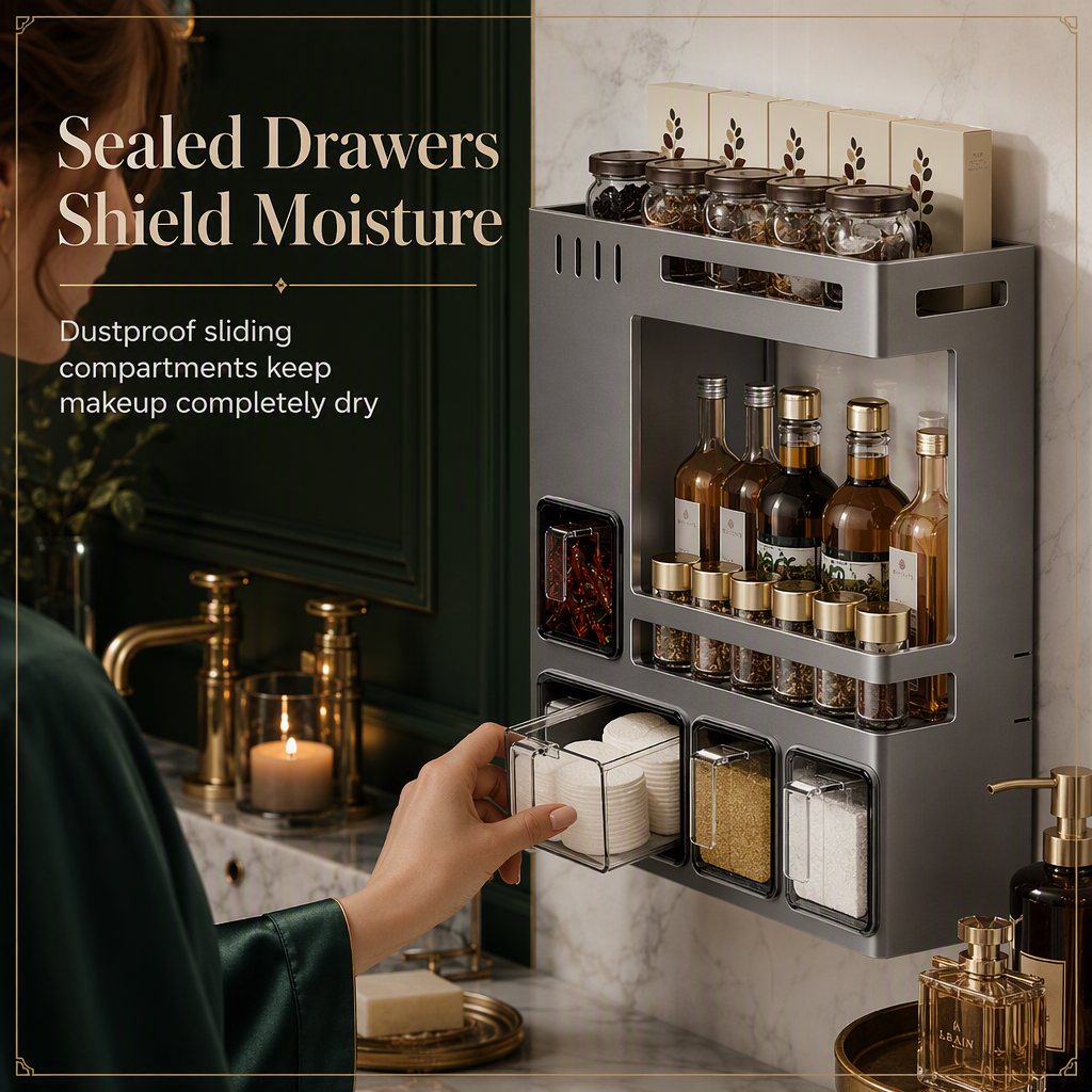 No-Drill Wall-Mounted Kitchen Spice Rack and Seasoning Organizer Box with Condiment Jars and Spoons