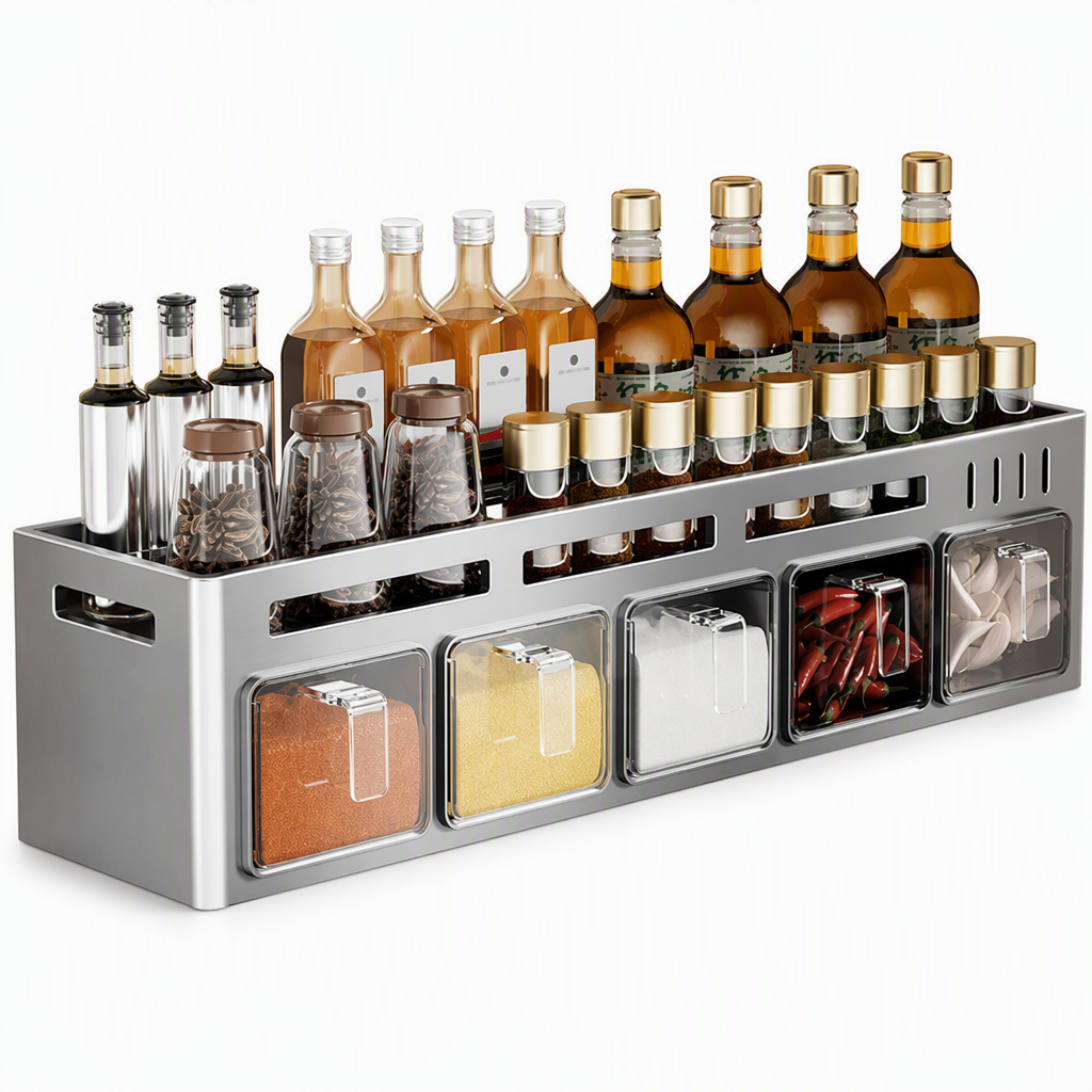 No-Drill Wall-Mounted Kitchen Spice Rack and Seasoning Organizer Box with Condiment Jars and Spoons