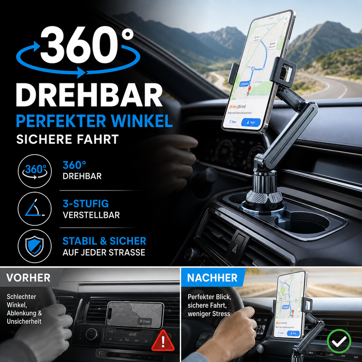 360° rotatable and adjustable car holder for drinking cups