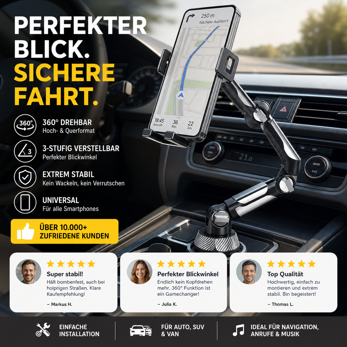 360° rotatable and adjustable car holder for drinking cups