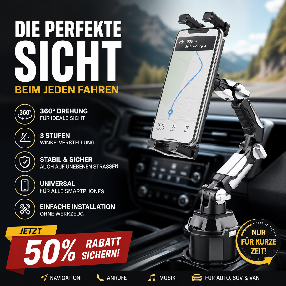 360° rotatable and adjustable car holder for drinking cups
