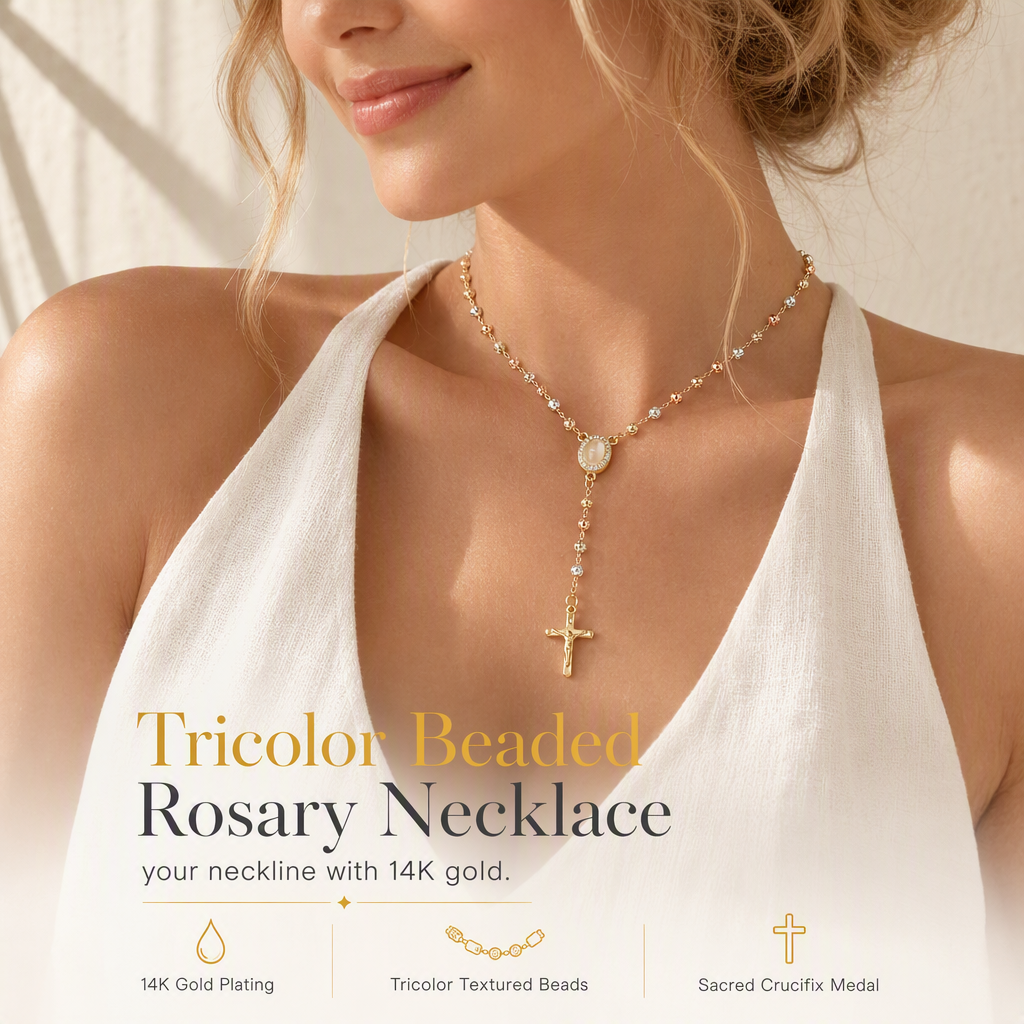 🎁2026 New Arrivals 50% OFF💥Retro Gold Tone Virgin Mary Crucifix Cross Pendant Necklace with Beaded Y-Chain📿💎