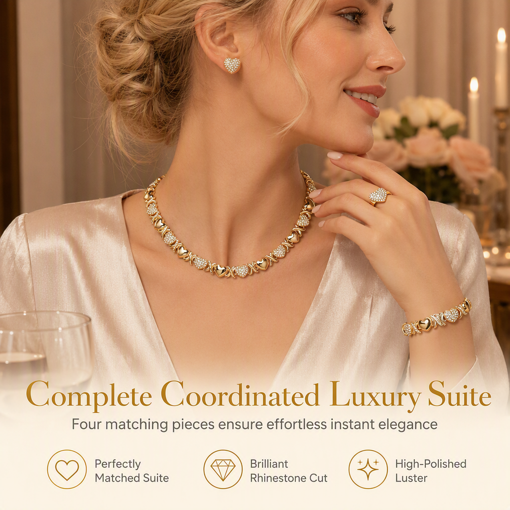 ⏳🔥LIMITED-TIME 50% OFF! ⏰💛 Gold Plated Heart Rhinestone 4-Piece Jewelry Set – Sparkly, Matching, Versatile 💍✨