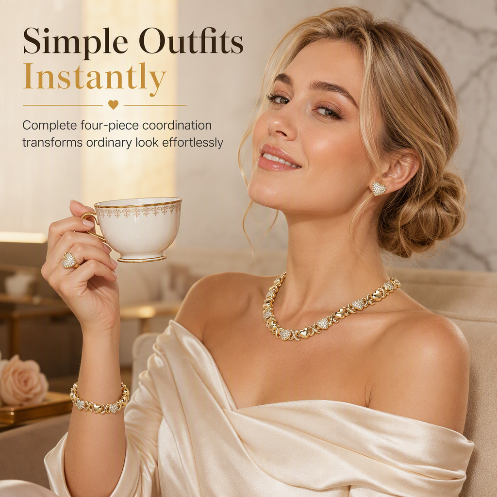 ⏳🔥LIMITED-TIME 50% OFF! ⏰💛 Gold Plated Heart Rhinestone 4-Piece Jewelry Set – Sparkly, Matching, Versatile 💍✨