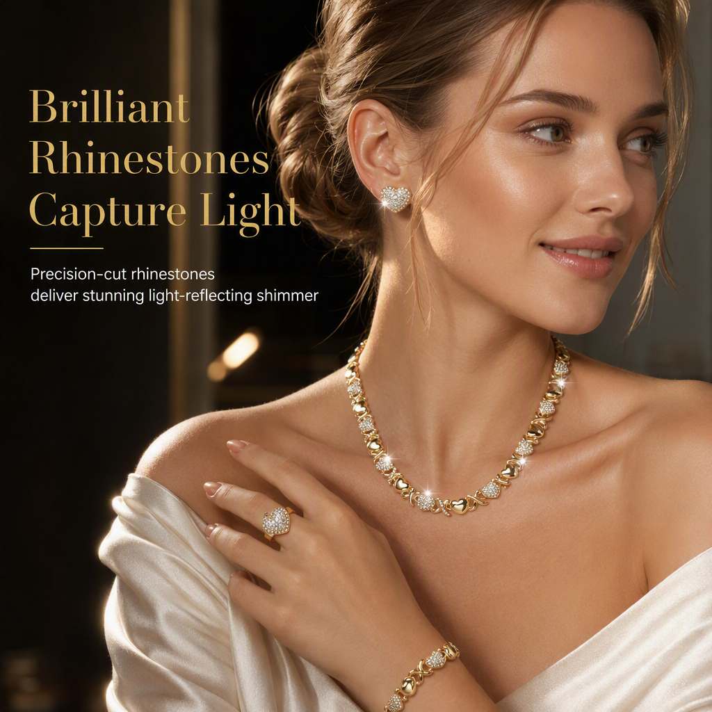 ⏳🔥LIMITED-TIME 50% OFF! ⏰💛 Gold Plated Heart Rhinestone 4-Piece Jewelry Set – Sparkly, Matching, Versatile 💍✨