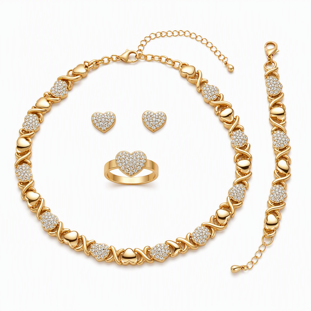 ⏳🔥LIMITED-TIME 50% OFF! ⏰💛 Gold Plated Heart Rhinestone 4-Piece Jewelry Set – Sparkly, Matching, Versatile 💍✨