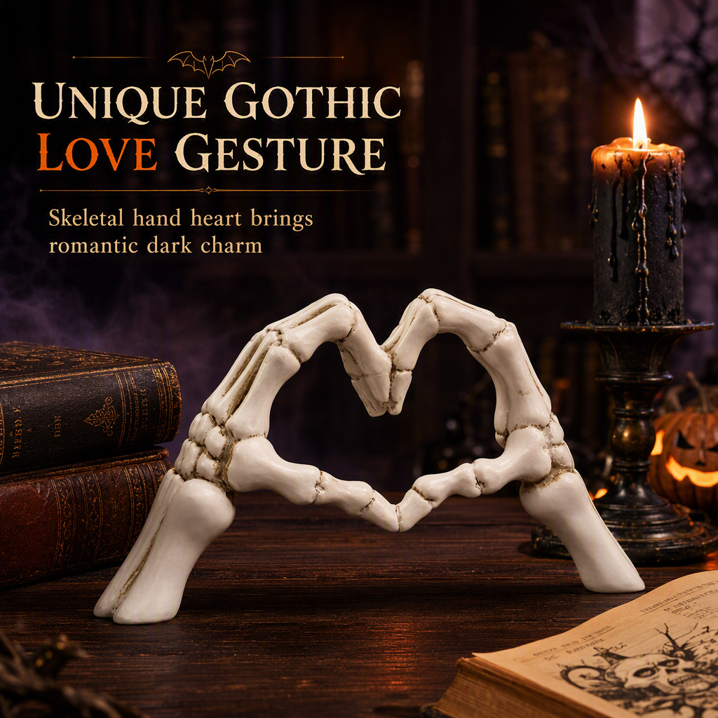 💀 50% OFF! 🎃 Skeleton Figurine – Gothic Heart Hand Gesture, Hand-Painted Bone Details & Solid Resin Build – Spooky Desk & Shelf Decor ✨