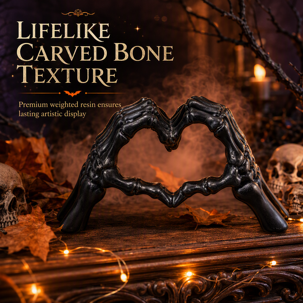 💀 50% OFF! 🎃 Skeleton Figurine – Gothic Heart Hand Gesture, Hand-Painted Bone Details & Solid Resin Build – Spooky Desk & Shelf Decor ✨