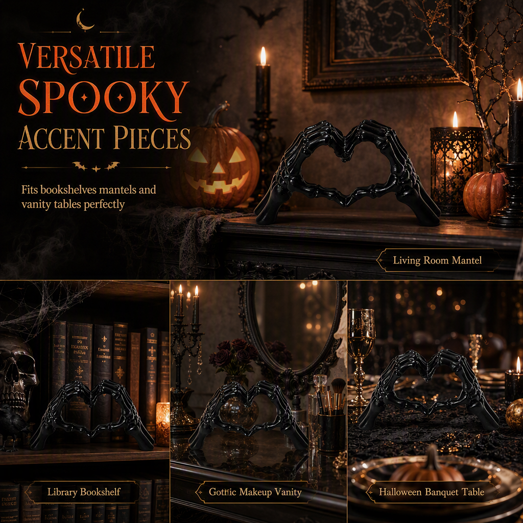 💀 50% OFF! 🎃 Skeleton Figurine – Gothic Heart Hand Gesture, Hand-Painted Bone Details & Solid Resin Build – Spooky Desk & Shelf Decor ✨