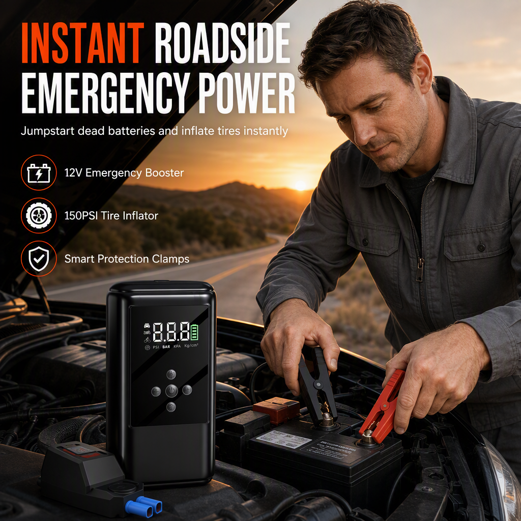 All-in-One Car Jump Starter and Tire Inflator Battery Booster with Smart Clamps and EVA Storage Case