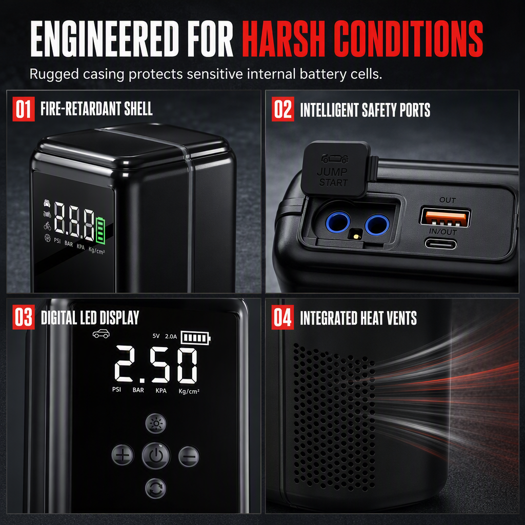All-in-One Car Jump Starter and Tire Inflator Battery Booster with Smart Clamps and EVA Storage Case