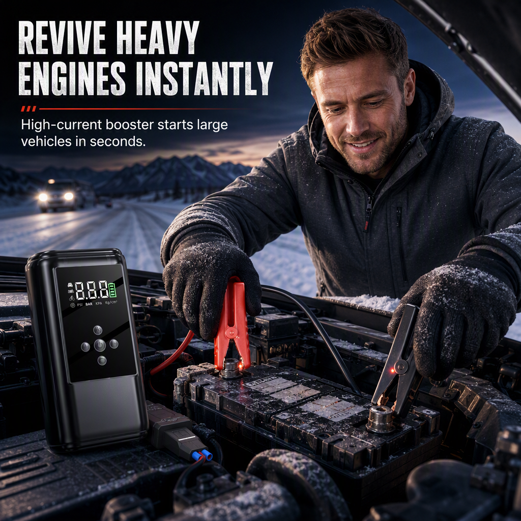All-in-One Car Jump Starter and Tire Inflator Battery Booster with Smart Clamps and EVA Storage Case