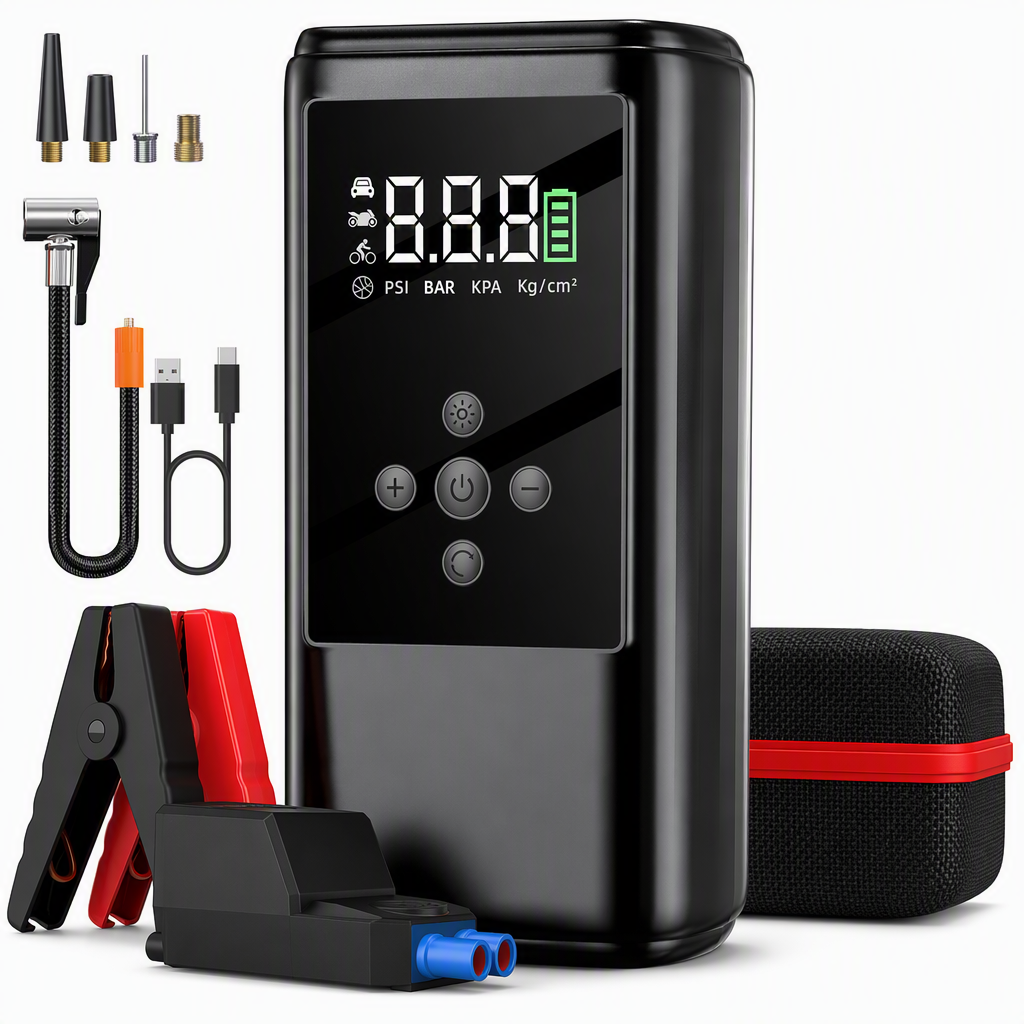 All-in-One Car Jump Starter and Tire Inflator Battery Booster with Smart Clamps and EVA Storage Case