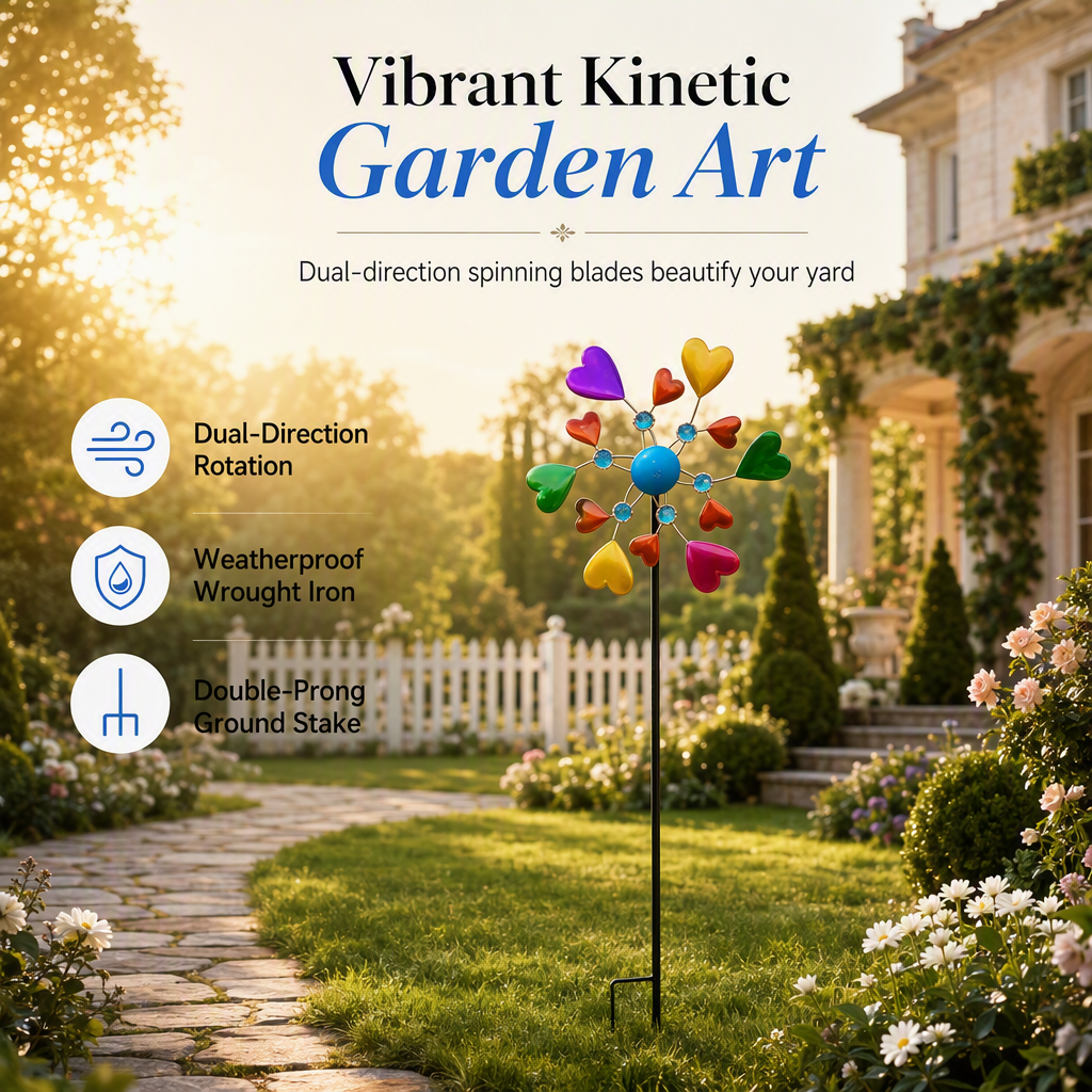 Heart Shaped Metal Wind Spinner Wrought Iron Garden Stake Windmill for Outdoor Yard and Park Decoration