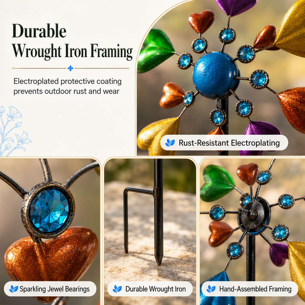 Heart Shaped Metal Wind Spinner Wrought Iron Garden Stake Windmill for Outdoor Yard and Park Decoration