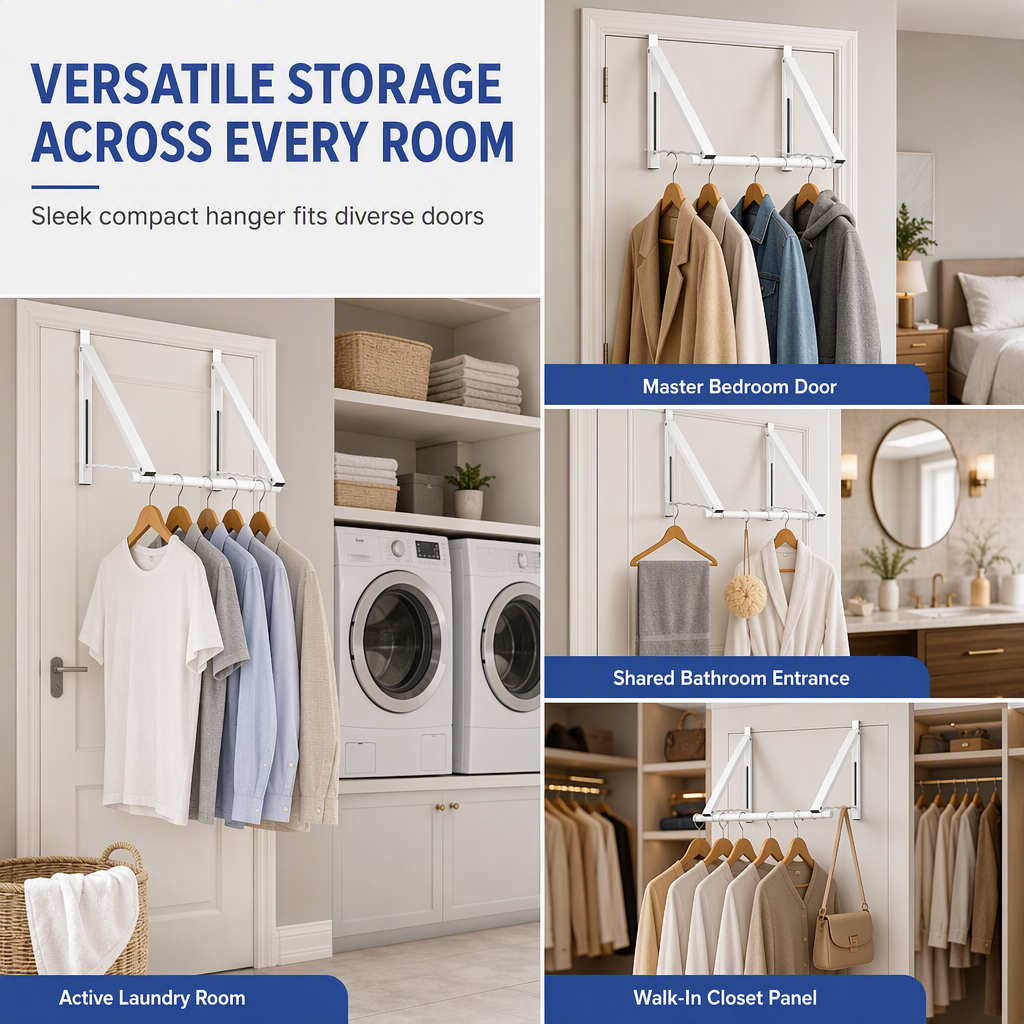 Retractable Folding Over the Door Hooks No Drill Metal Coat Rack for Hanging Clothes