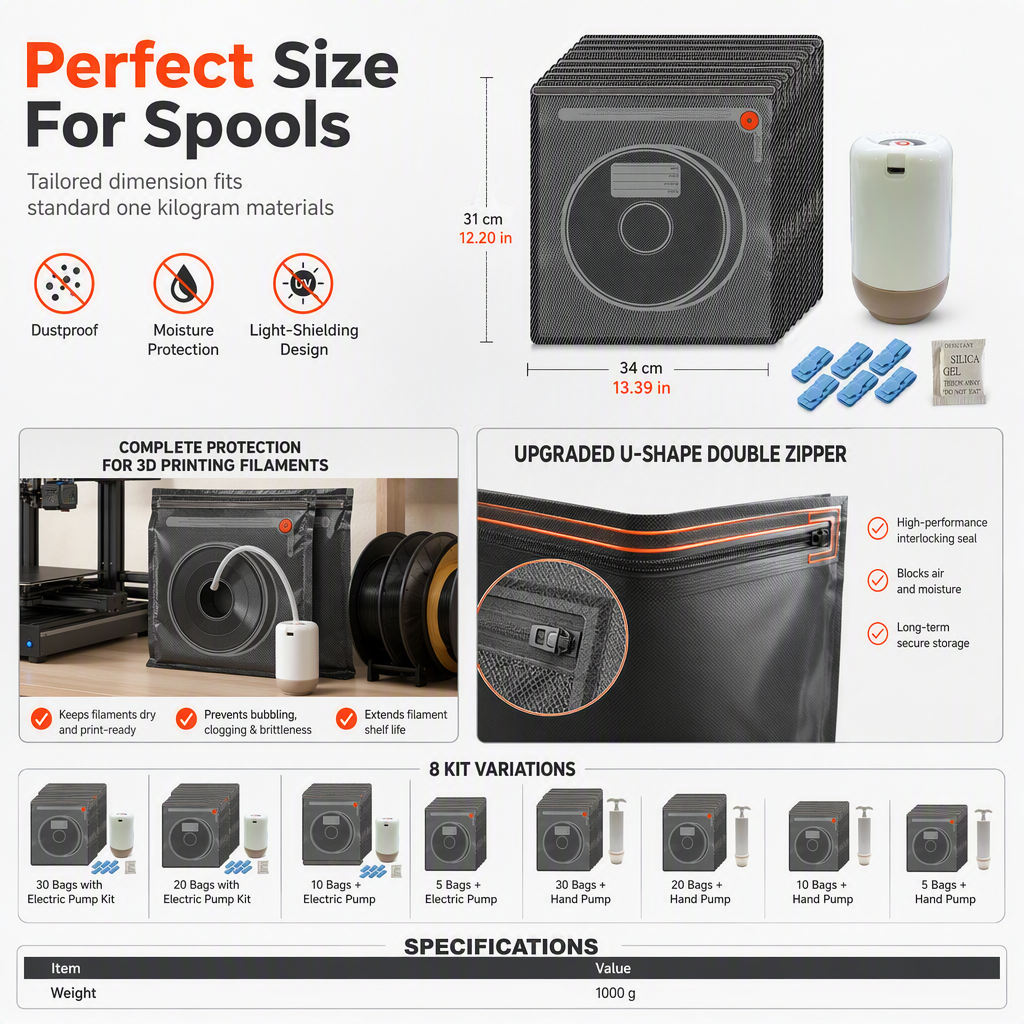 🎯 50% OFF! ✨ Vacuum Storage Bag Kit for 3D Filament – Lock Out Humid Air, Double Zipper Seal & Opaque Light Shielding – Keep Filaments Dry & Print-Perfect 🧵