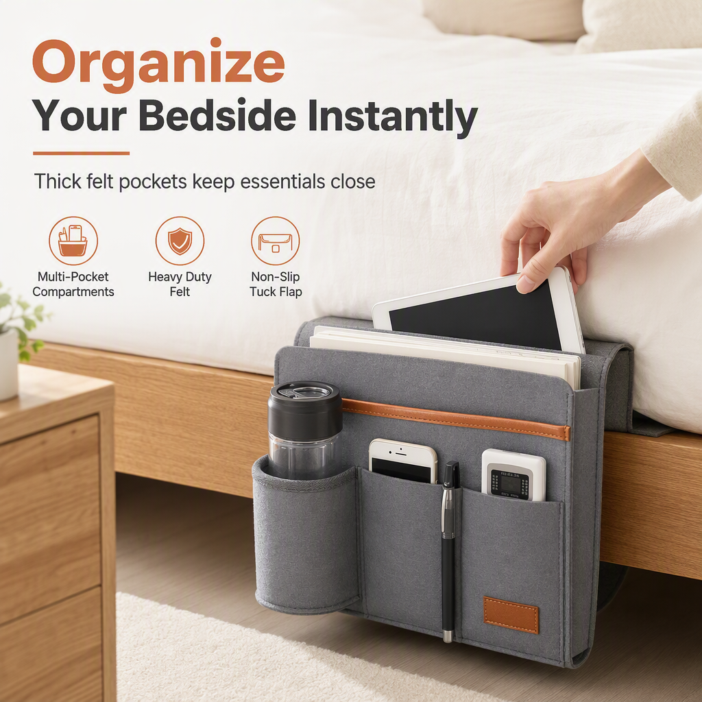 📢📢50% OFF !! ⏰Minimalist Felt Bedside Organizer Bag Hanging Pocket Caddy for Student Dormitory Storage 1 Pack