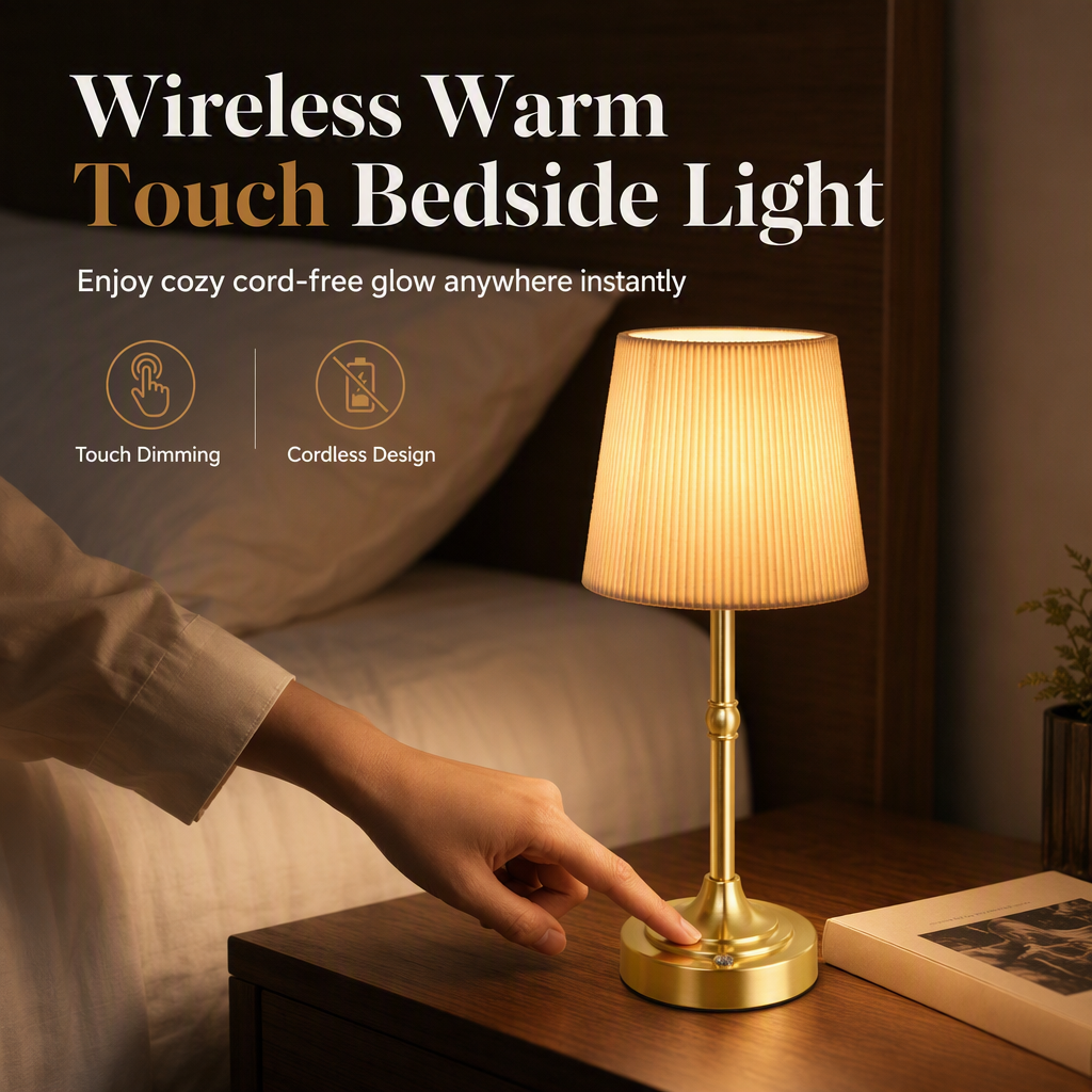💡 Wireless Touch Bedside Lamp: Stepless Dimming, Rechargeable, Linen Shade & Metal Base, Cordless Freedom