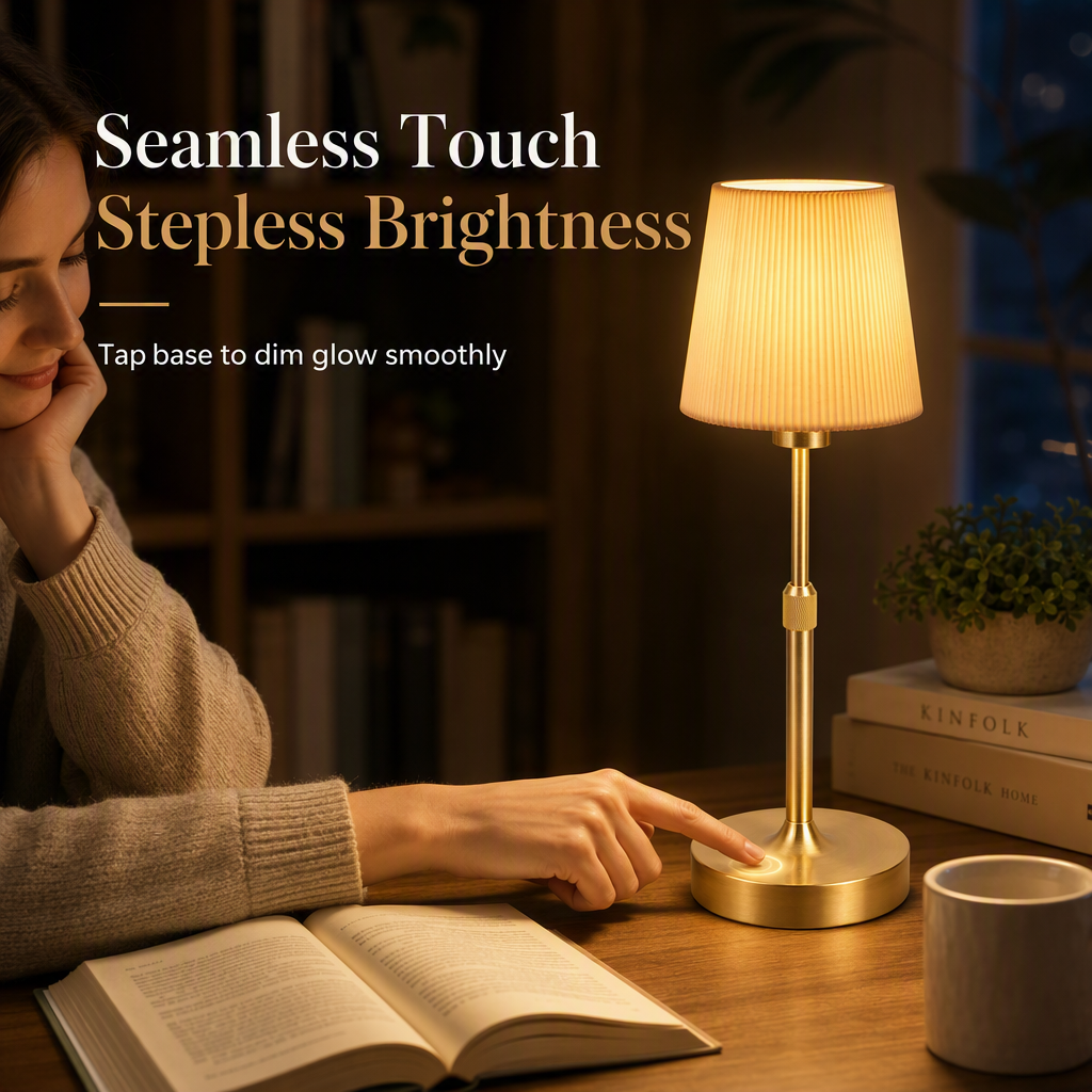 💡 Wireless Touch Bedside Lamp: Stepless Dimming, Rechargeable, Linen Shade & Metal Base, Cordless Freedom
