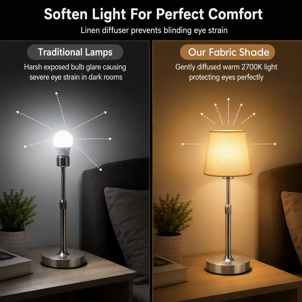 💡 Wireless Touch Bedside Lamp: Stepless Dimming, Rechargeable, Linen Shade & Metal Base, Cordless Freedom