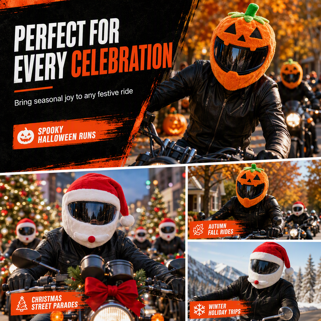 📢📢50% OFF !! ⏰Funny Plush Motorcycle Helmet Cover Universal Fit Cartoon and Holiday Protective Sleeve for Christmas Halloween Outdoor Riding