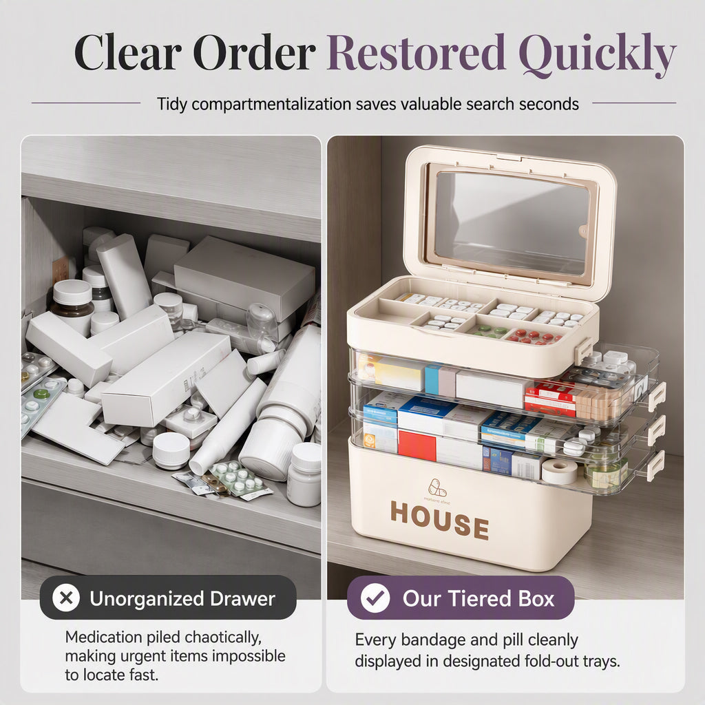 Large Plastic Medicine Storage Box with Multi-Layer Divided Compartments Portable Family Emergency First Aid Organizer Box