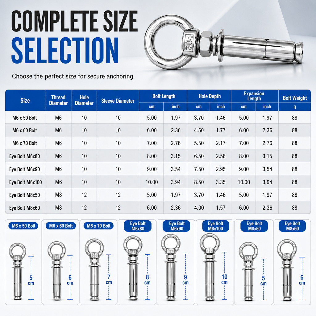 📢📢50% OFF !! ⏰304 Stainless Steel Eyebolt Expansion Bolts with Ring Hook Lifting Eye Anchor Screws