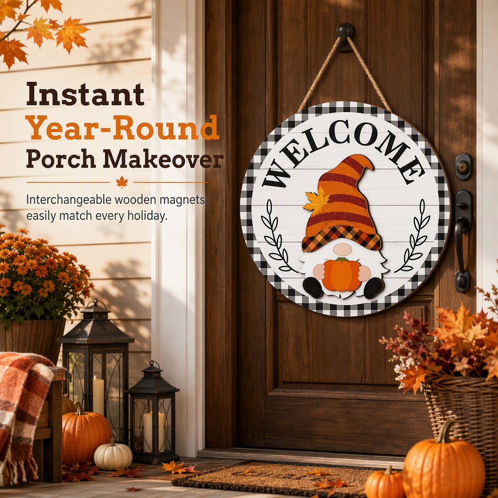 Interchangeable Wooden Gnome Welcome Sign Holiday Hanging Plaque for Christmas and Halloween Wall Decor