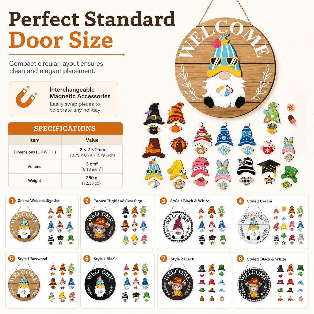 Interchangeable Wooden Gnome Welcome Sign Holiday Hanging Plaque for Christmas and Halloween Wall Decor