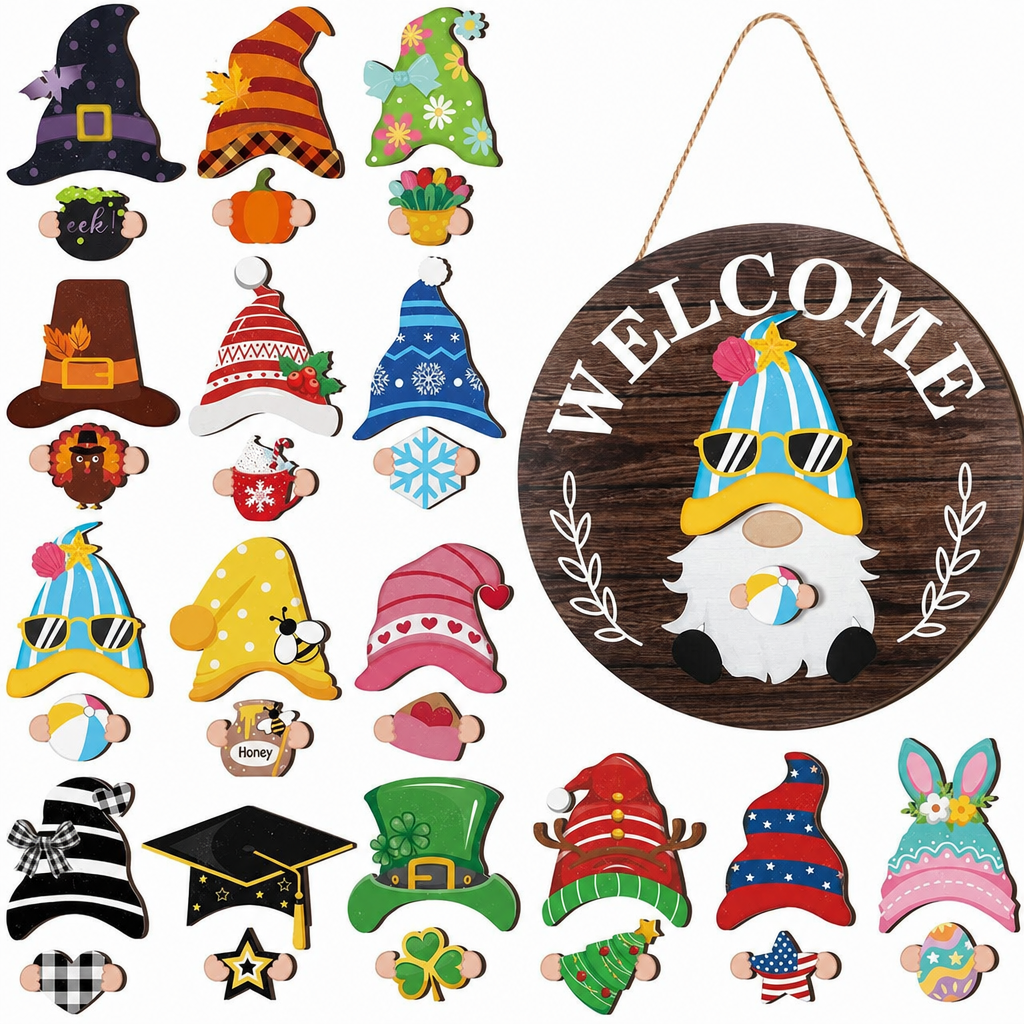 Interchangeable Wooden Gnome Welcome Sign Holiday Hanging Plaque for Christmas and Halloween Wall Decor