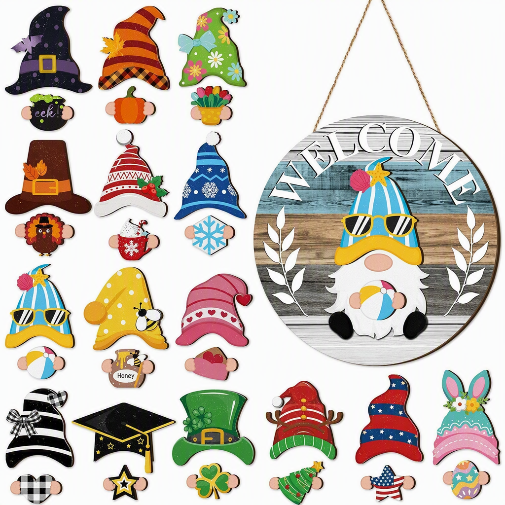 Interchangeable Wooden Gnome Welcome Sign Holiday Hanging Plaque for Christmas and Halloween Wall Decor